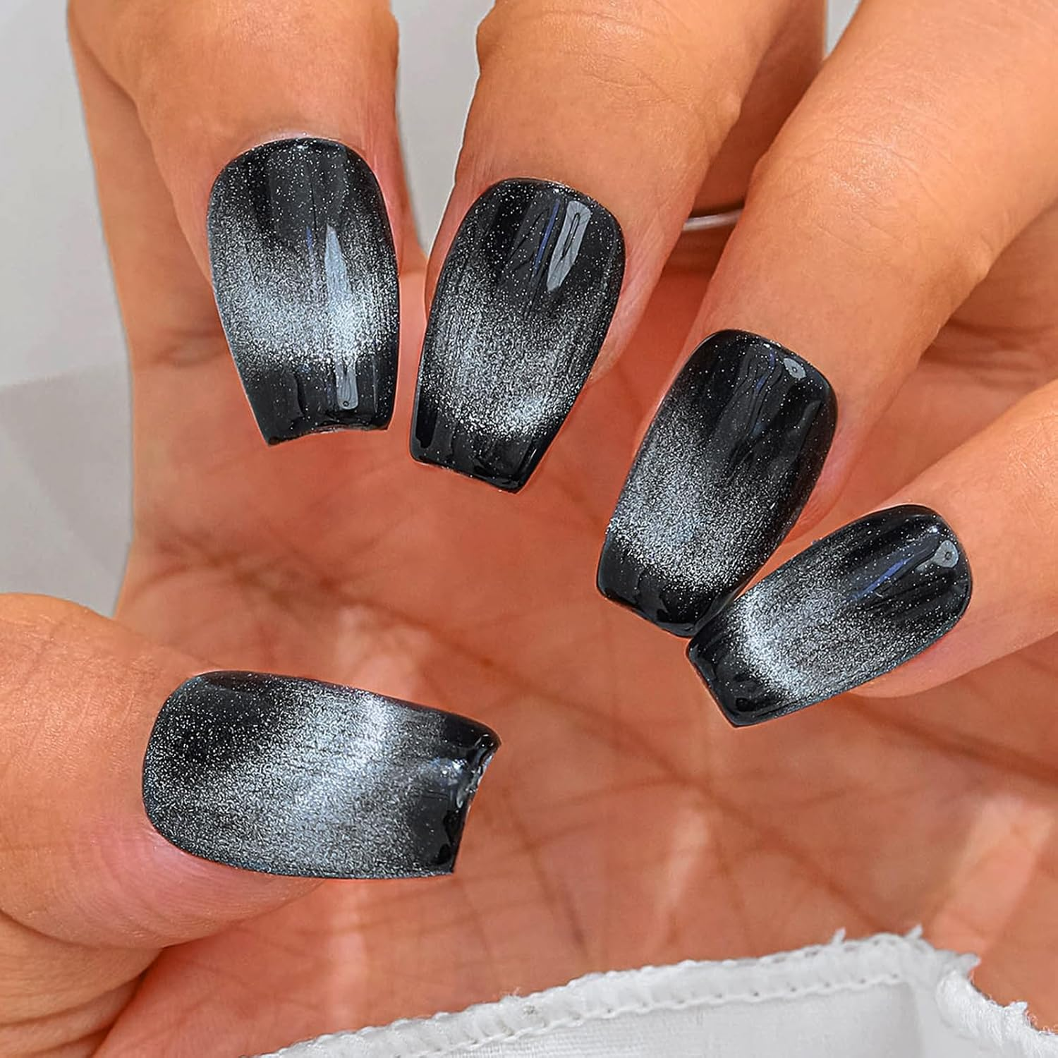 Sethexy French Black Medium Coffin Artificial Nail Cat Eye Sparkle Handmade False Nails Natural Shiny Press on Nails Salon Quality for Women and Girls (I) image number 5