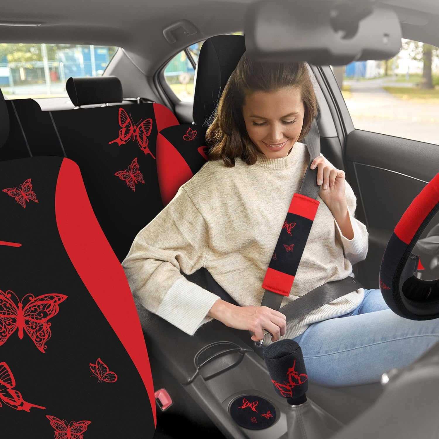 BBTO 43 Pcs Butterfly Car Seat Full Set Butterfly Car Accessories for Women 5 Front Rear Seat Covers Wrist Strap 2 Pieces Cup Mat Armrest Pad 2 Seat Belt Cover Accessories for SUV Car (Red, Black) - As Pictures Shown image number 5