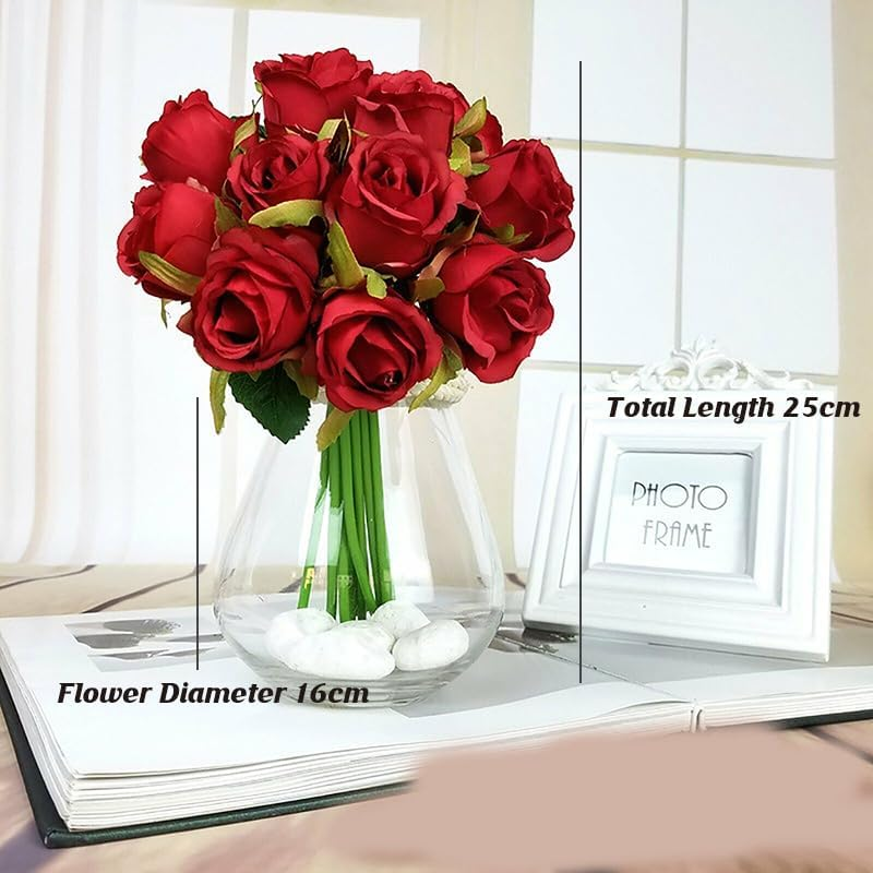 12 Heads Silk Rose Artificial Flowers Fake Bouquet Buch Home Wedding Party Decor, Real-Touch Fabric and Plastic, 25Cm Length - Modena image number 6