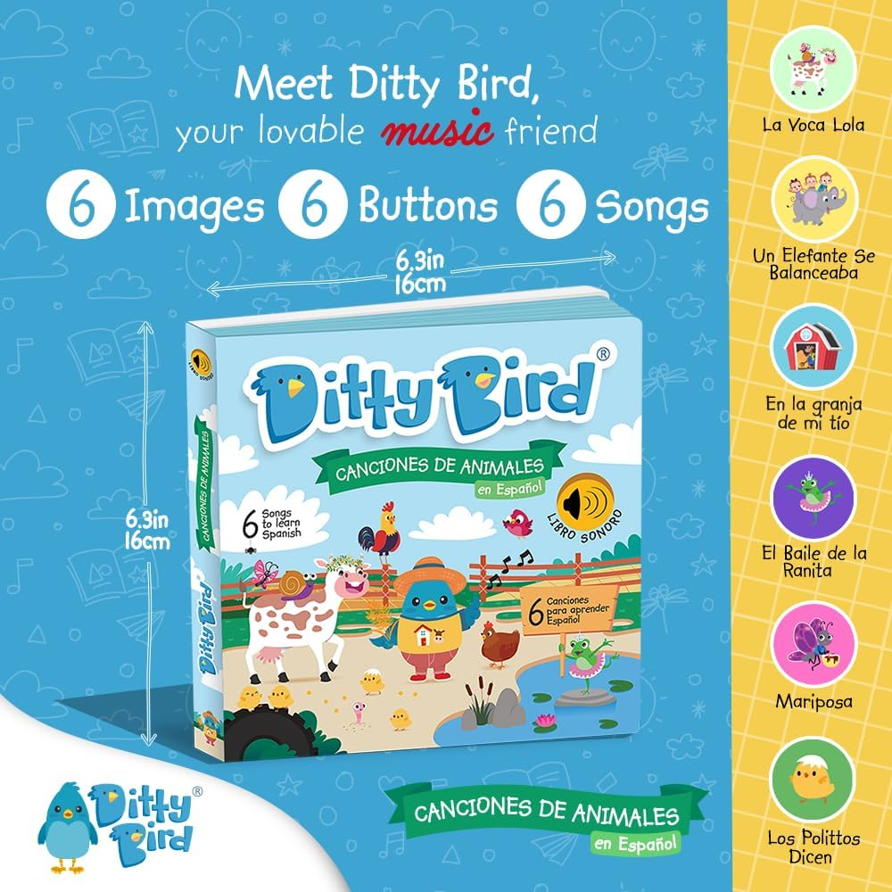 Ditty Bird Spanish Nursery Rhymes Book Animal Edition | Bilingual Musical Books for Toddlers, English & Spanish | Fun, Interactive Sound Books for Babies & Toddlers | Libro En Espa&ntilde;ol Para Beb&eacute;s image number 2