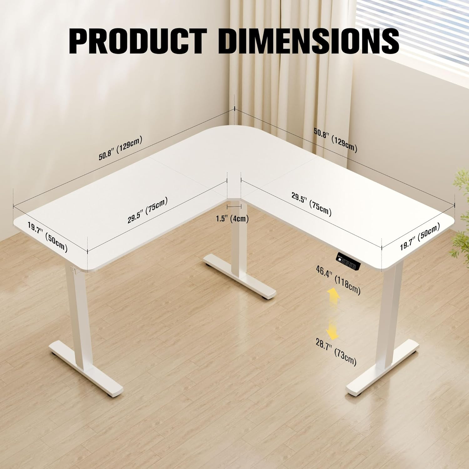ERGOMAKER Corner Electric Standing Desk, 129 * 50Cm Height Adjustable L Shaped Desk, Stand up Desk with Splice Board, Sit Stand Desk with Memory Smart Handset(White Frame + White Desktop) image number 6