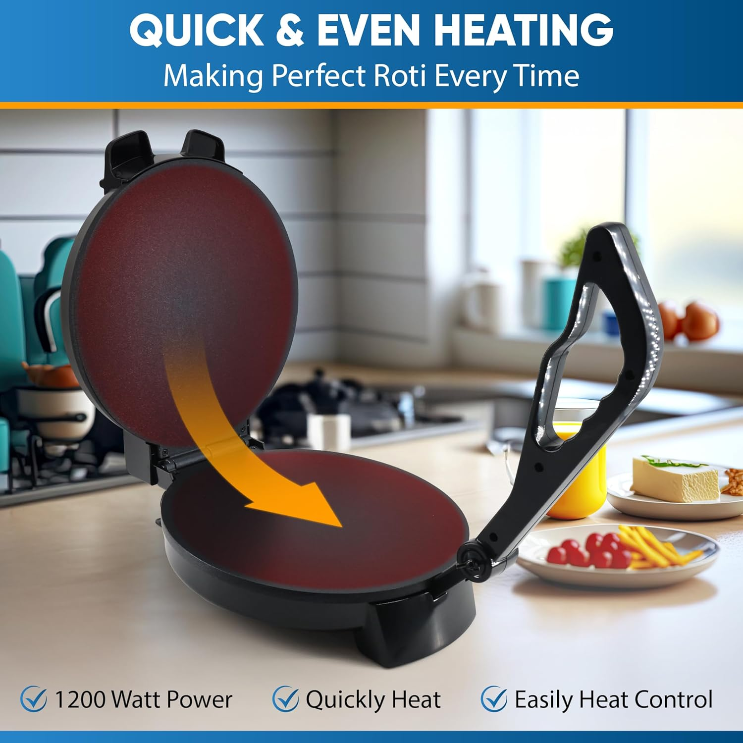 Starblue 25.4Cm Roti Maker Machine with Free Roti Heater and Removable Handle - Indian Chapati, Tortilla, Roti AC220-240V 50/60Hz 1200W, UK Plug with AU Adaptor image number 1