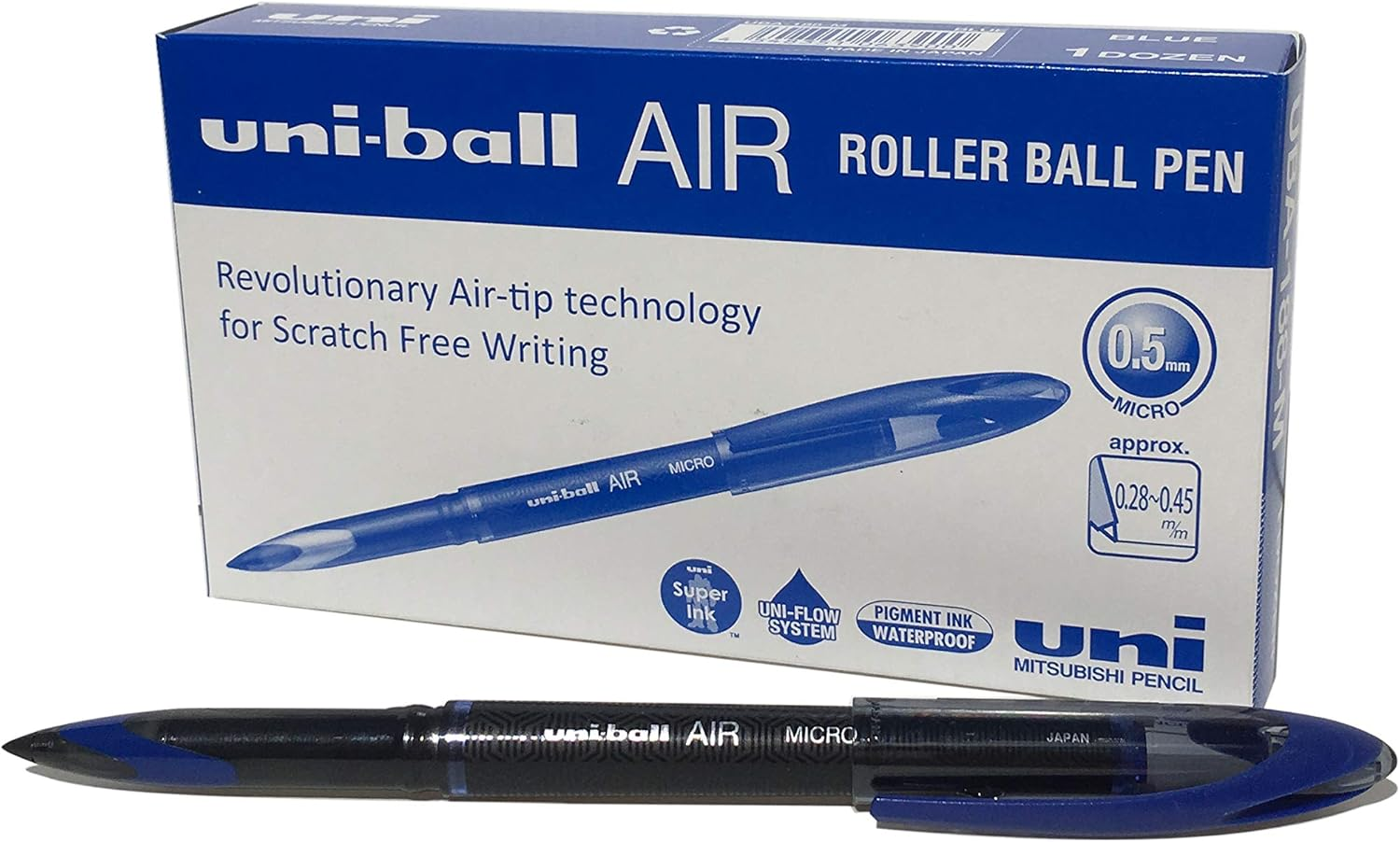 Uni-Ball UB-188-M Micro Air Rollerball Pens. Premium 0.5Mm Nib for Super Smooth Handwriting. Writes like a Fountain Pen. Fade and Water Resistant Liquid Uni Super Ink. Box of 12 Blue Ballpoint Pens image number 4