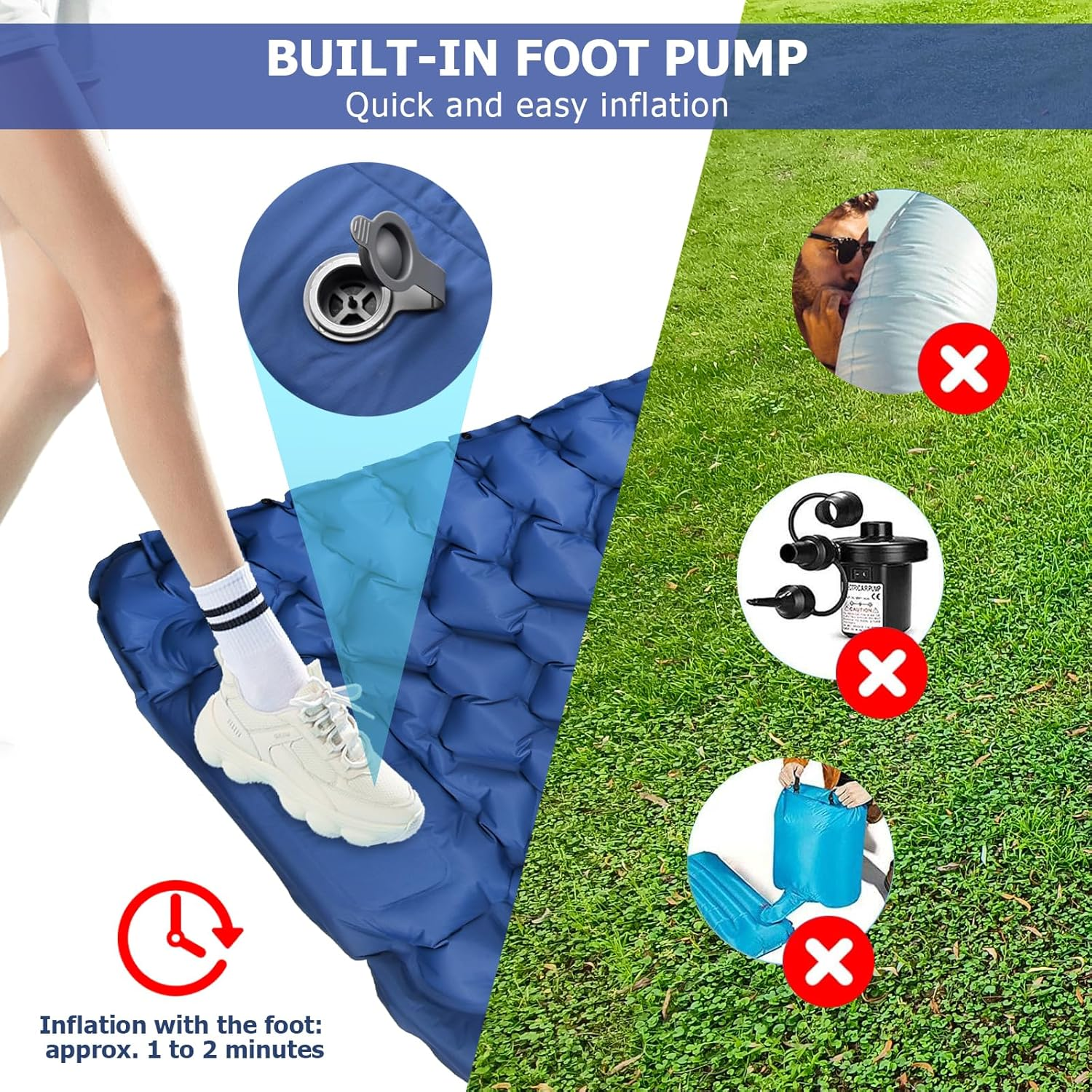 Amtake Camping Sleeping Pad, Self-Inflating Camping Mattress Sleeping Mat,10 Cm High Air Mattress with Built-In Foot Pump, Lightweight Inflatable for Traveling, Hiking and Outdoor (Blue) - Blue image number 2