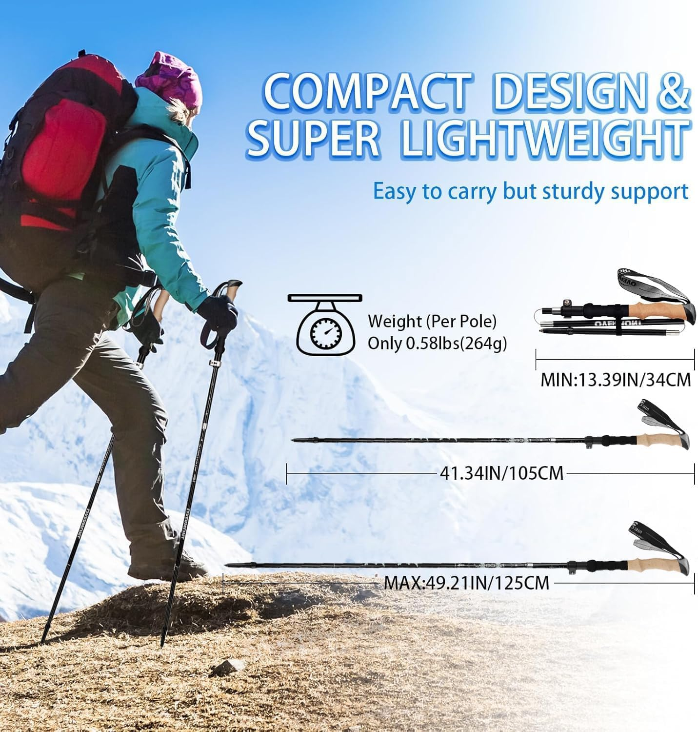 Dsocool Collapsible Trekking Poles - Lightweight Folding Hiking Poles for Women Men - Walking Sticks for Hiking - Adjustable with Quick Flip Lock & All Terrain Accessories - Set of 2 image number 3