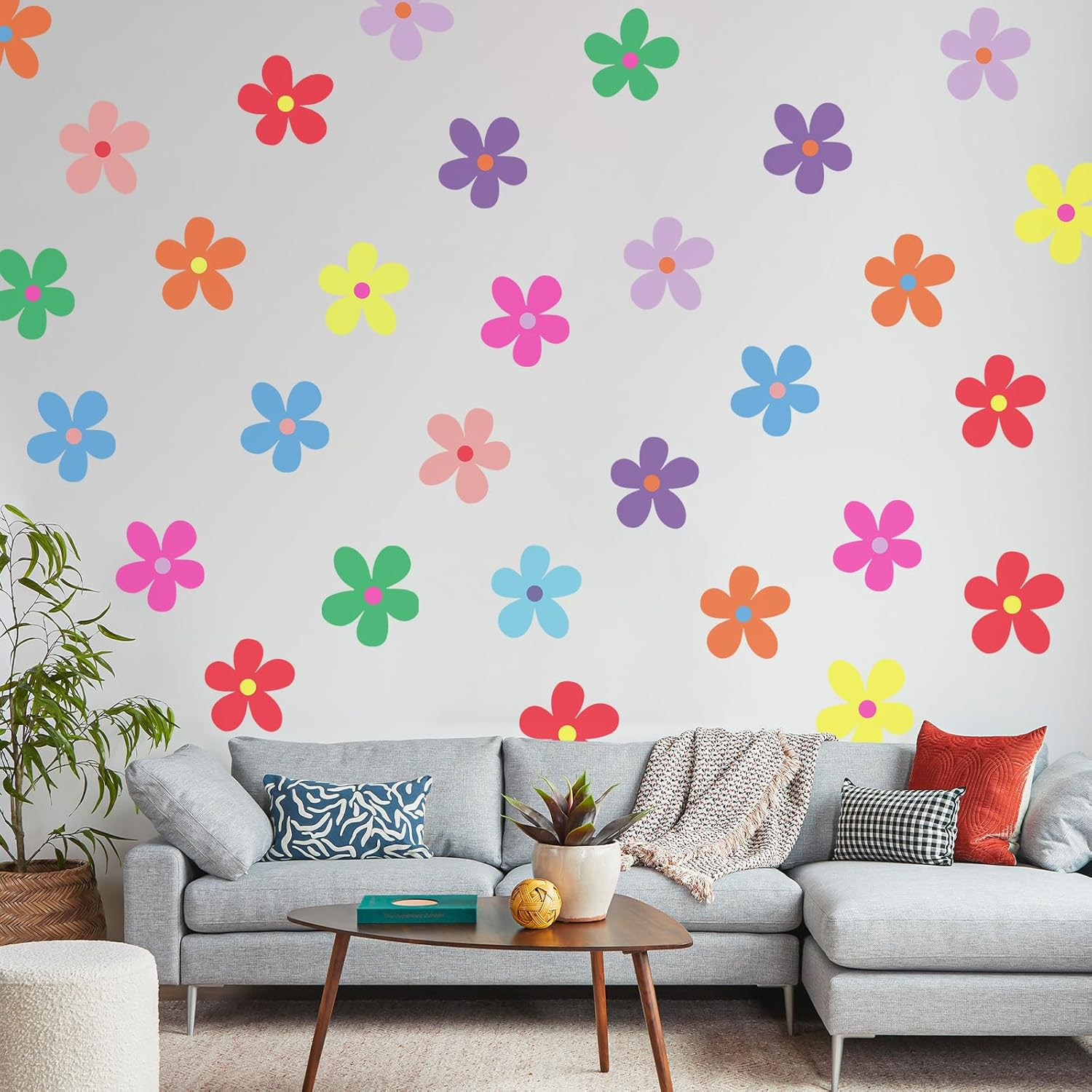 Untilplan 48 Pcs Flowers Wall Decal Boho Wall Decals Vinyl Wall Lemon Stickers Cute Girls Groovy Floral Stickers for Baby Kids Bedroom Bathroom Living Room Home Decoration-Lemo
