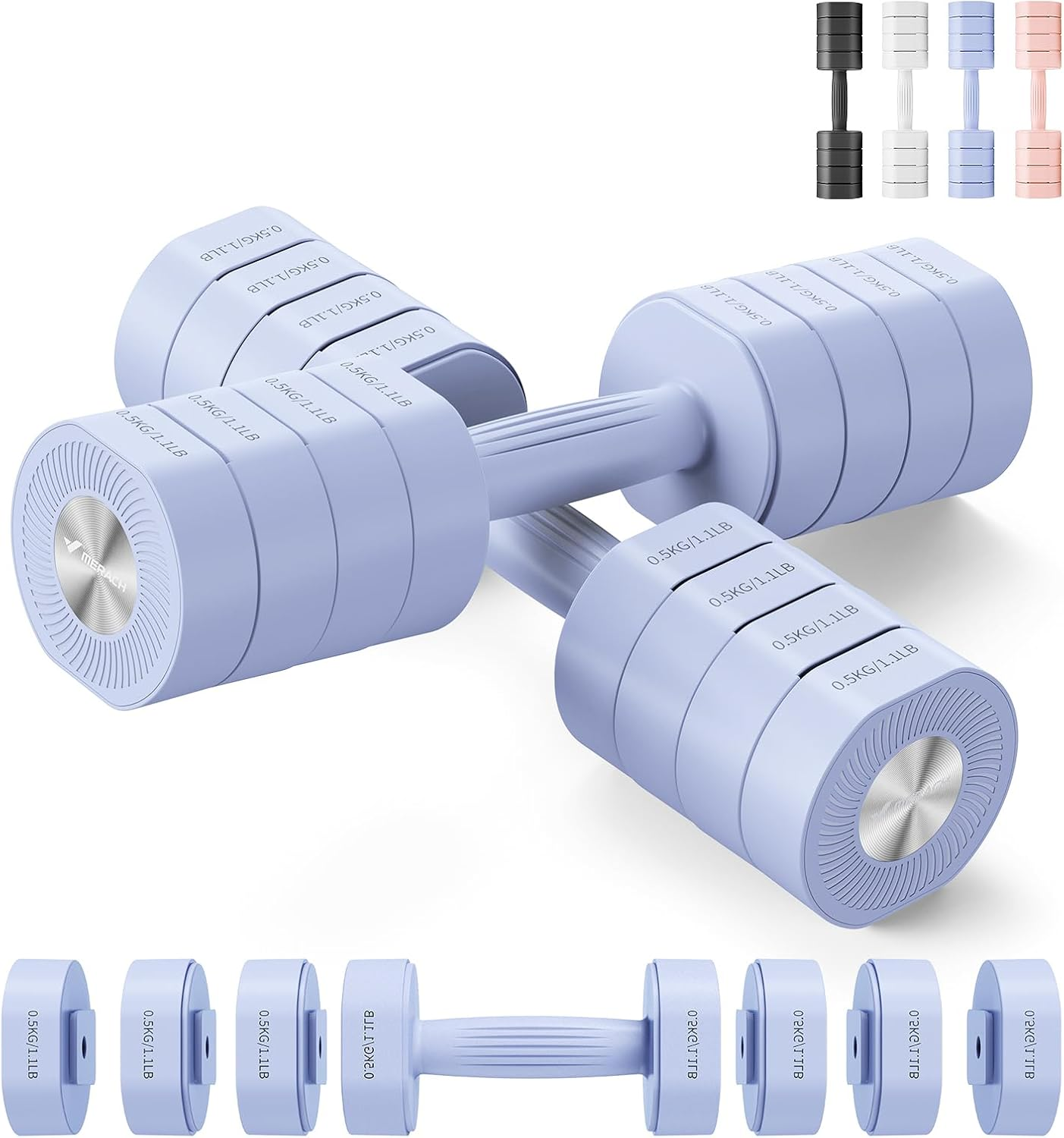 MERACH Adjustable Dumbbell Set Weights of 2, Soft-Touch Grip Anti-Slip Handle Dumbbells, Macaron Colors Exercise&Fitness Dumbbells,Each 1/2/3/4 Kg, 4 in 1 Hand Weights Dumbbells Set for Women