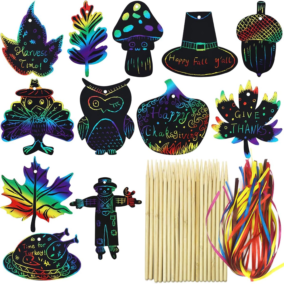 96Pcs Christmas Tree Scratch Art Kit - Rainbow Color Scratch Ornaments - Hanging Craft Art Kits with Wooden Stick and Ribbon - for Kids Christmas Winter Party Favors