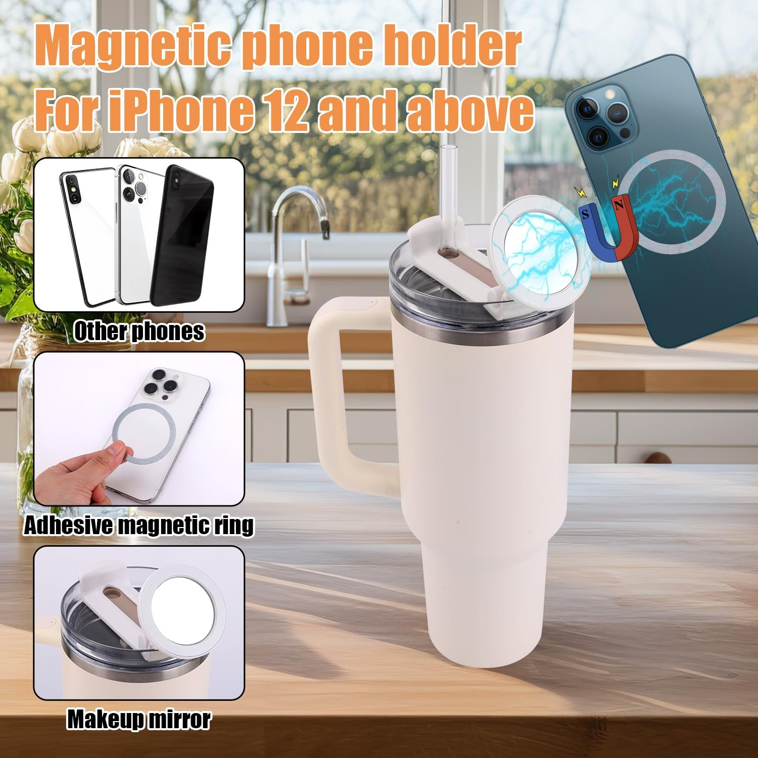 BOXOB Phone Holder for Stanley Cup 40Oz Quencher H1.0 H2.0 Lids, Hands Free Magnetic Foldable Mobile Phone Holder Tumbler for Stanley Cup Accessories Magsafe Phones - White image number 3