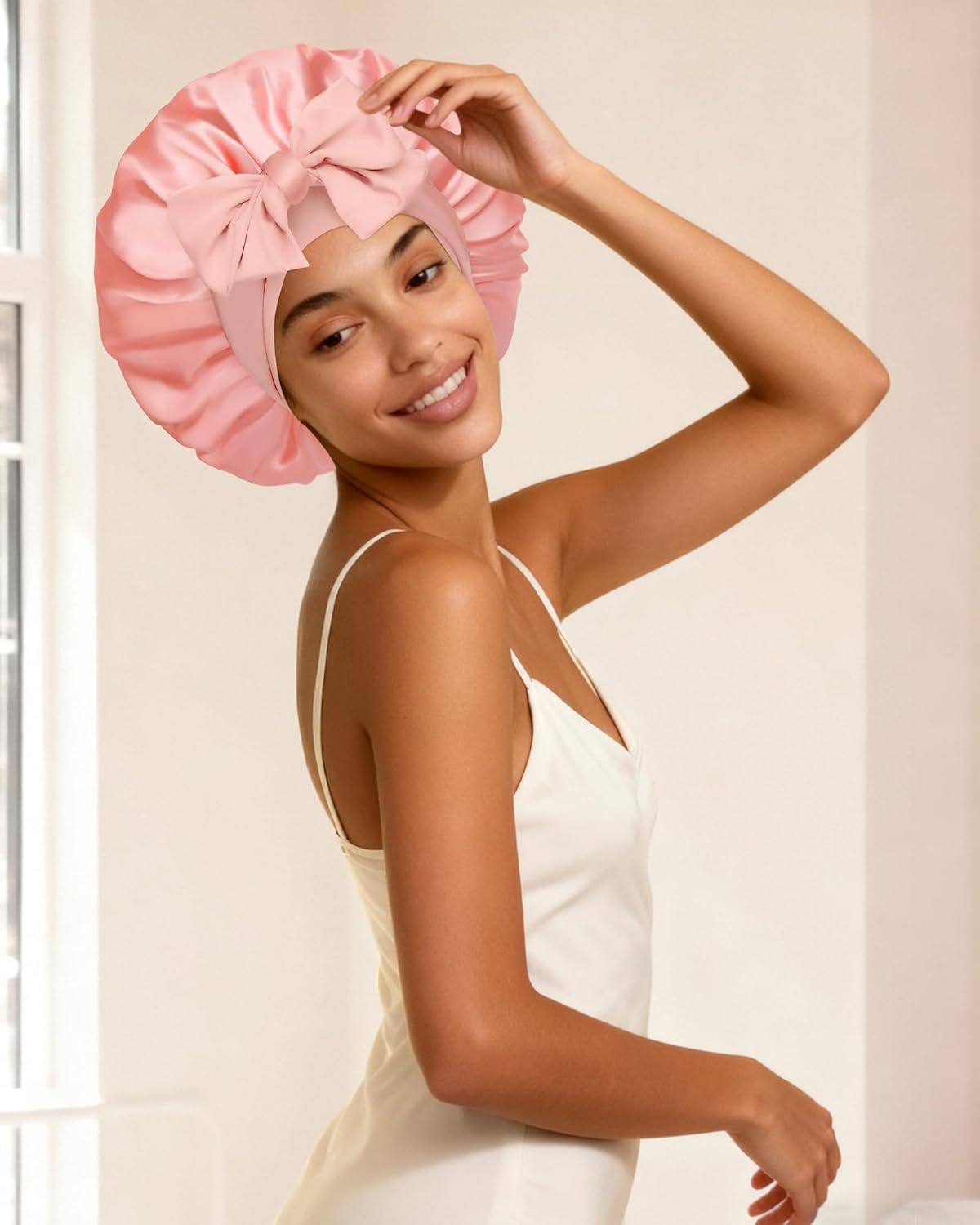 Reversible Satin Bonnet for Sleeping Women Double Layer Hair Bonnet with 2PCS Hair Scrunchies Elastic Tie Band Night Cap, Apricot Powder+Champagne - Bean Paste + Pink image number 5