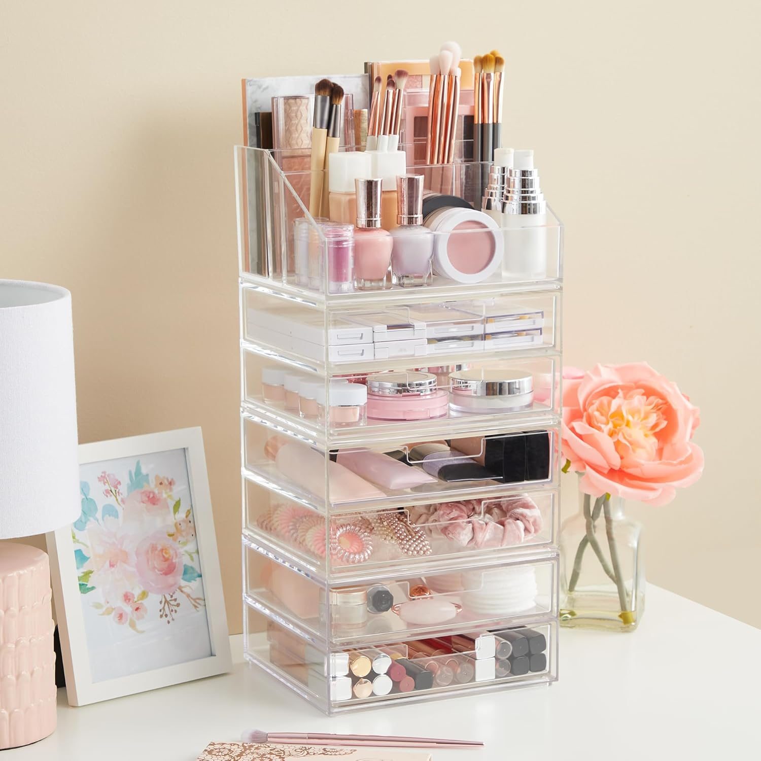 Stori Chloe 4 Drawer Clear Makeup Organizer | Sort Cosmetics and Beauty Supplies | Set Includes Two Stackable Double Drawer Units | Made in USA, Off-White image number 5
