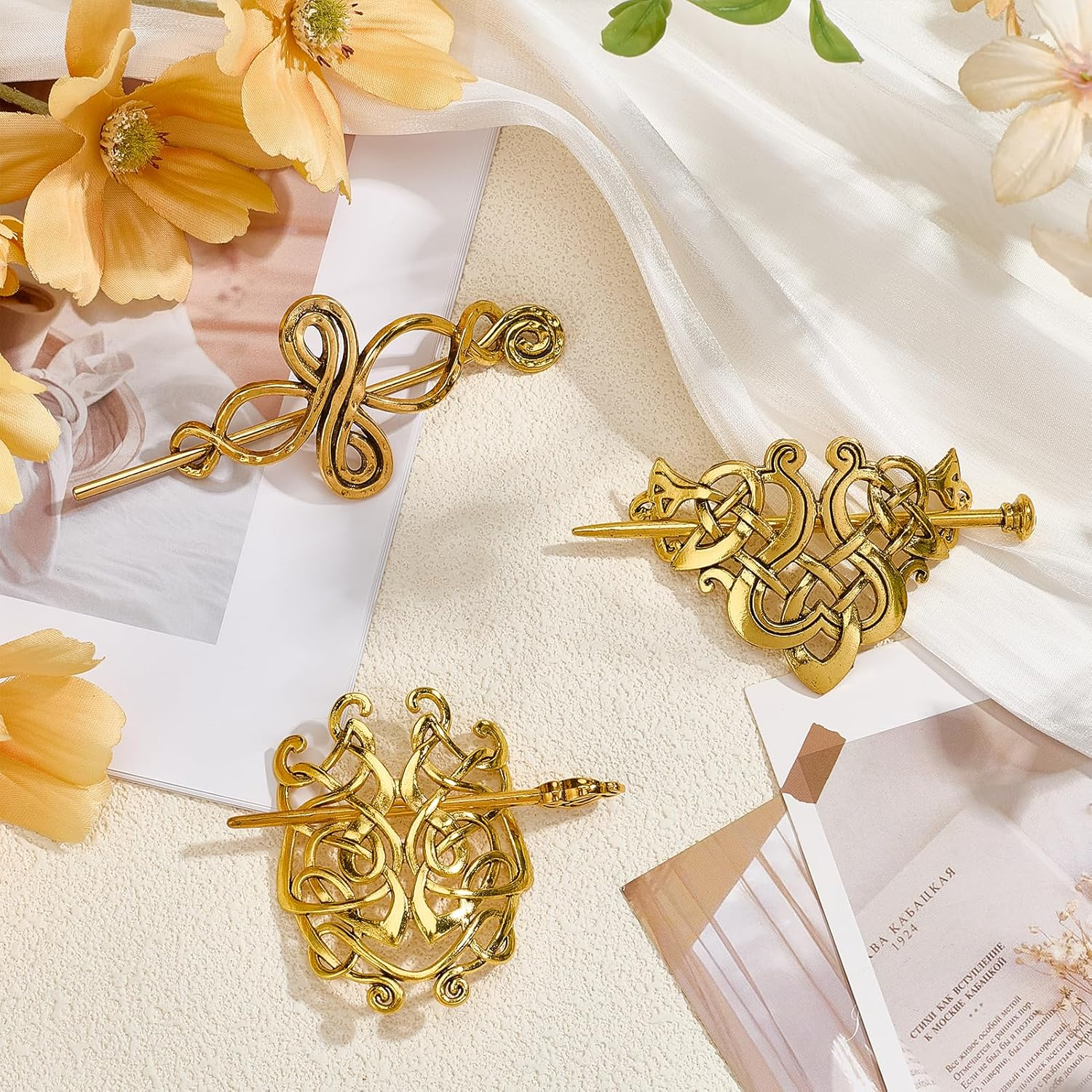 NICENEEDED 3 PCS Vintage Viking Celtic Shawl Hairpins, Crossed Knots Barrette Spiral Crocheted Hair Clips, Retro Ancient Gold Hair Accessories for Women Scarf Sweater image number 2