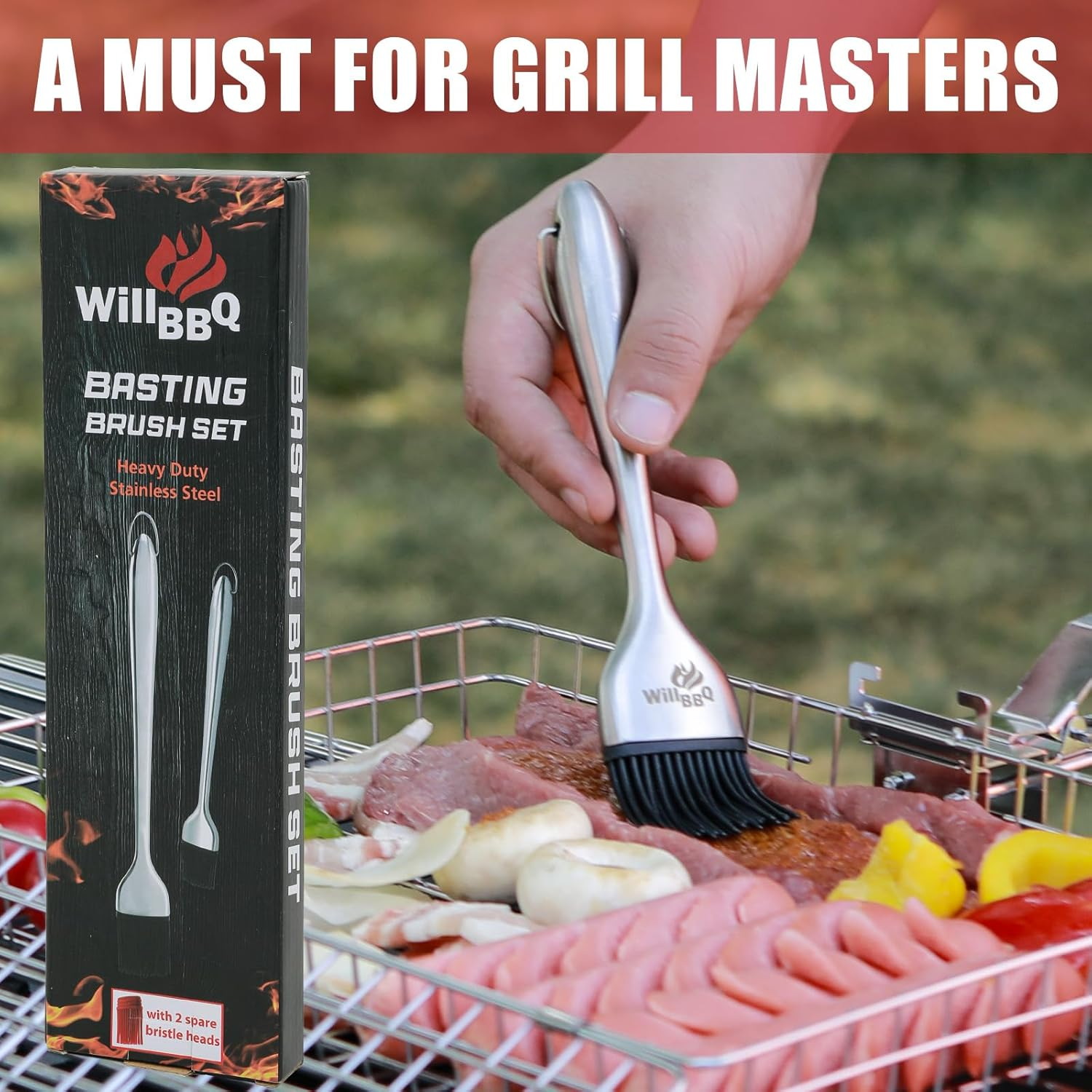 Willbbq Heavy-Duty Basting Brush Set &ndash; Stainless Steel Handle with Extra Silicone Bristle Heads for BBQ, Grilling & Cooking image number 2