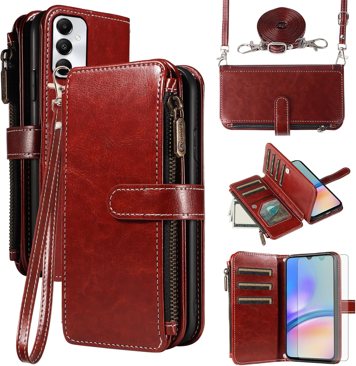 Asuwish Mobile Phone Case for Samsung Galaxy A05S/A05 Case with Strap Film Protective Film Card Slot Foldable Leather Wallet Stand Ao5S Ao5 a 05S 05 Mobile Phone Cases Protective Zip Phone Case Brown