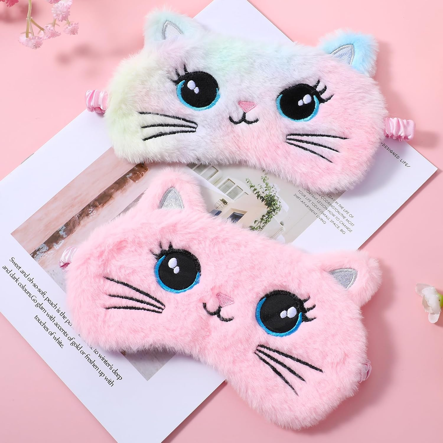2 Pcs Plush Eye Mask Soft Sleeping Blindfold Eye Cover Comfortable Cute Animal Sleeping Mask Satin Nap Night Eyeshade Cover for Women Men Gift (Pink Muliticolor Cat Style) - Pink, Multicolor image number 2