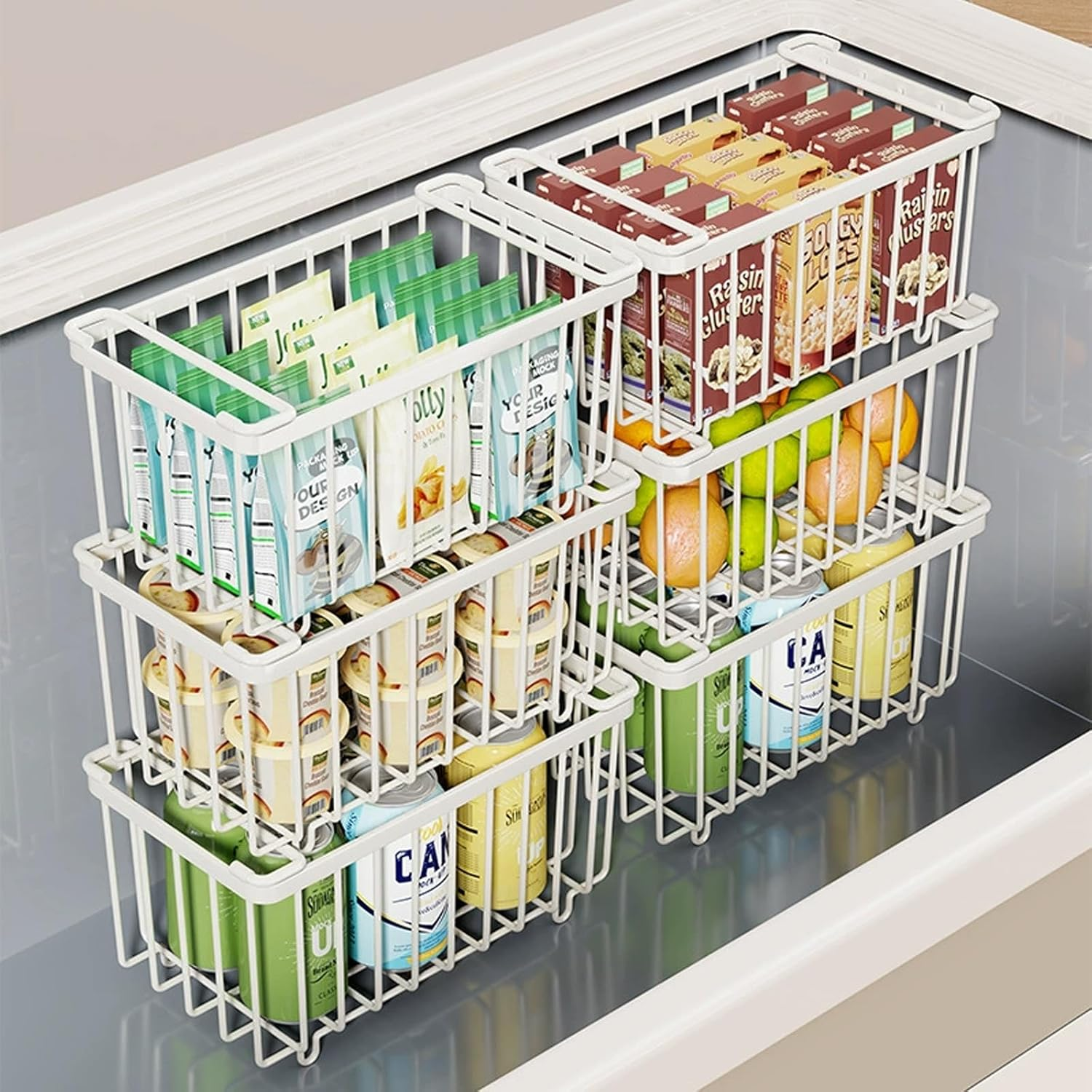 Freezer Organizer Bins, 6 Pack Stackable Deep Chest Freezer Organizer Bins with Folding Handles, Metal Freezer Storage Baskets, Ft Deep Freezer Storage, Increased Space for Food Storage (White)