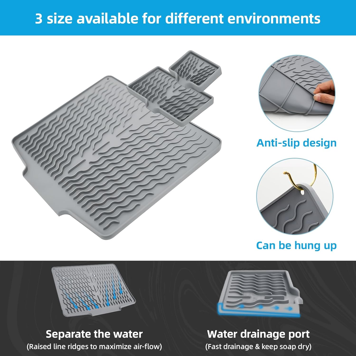 Silicone Dish Drying Mat for Kitchen Counter,Non Slip Drain Pad,Dish Drying Mats with Built in Drain,Large Dish Drying Mat,Silicone Soap Dish,Easy to Clean Drying Pad.Set of 3(Grey) image number 5