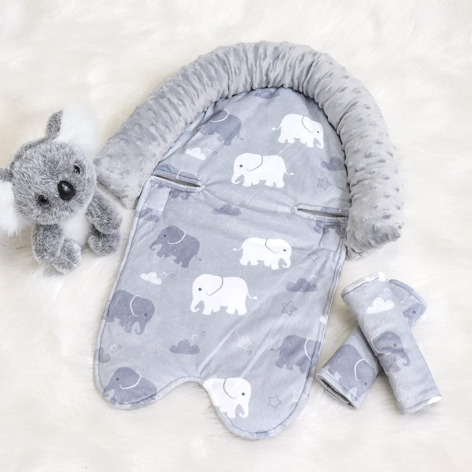 TANOFAR Baby Car Seat Insert and Strap Covers, Gray Carseat Head Support for Boys, Soft Unisex Cushion Fit for Car Seats, Stroller, Bouncers, Elephant image number 2
