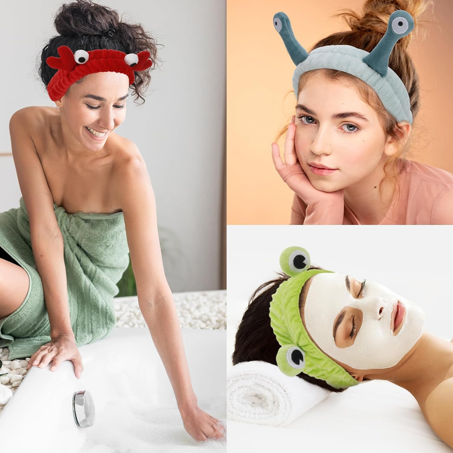Apricitie Face Wash Headband, Spa Headband, Makeup Headband, Coral Fleece Hair Bands, Elastic Headband, Snail Frog, Crab Headband for Washing Face, Sports, Beauty, Pack of 3 image number 1