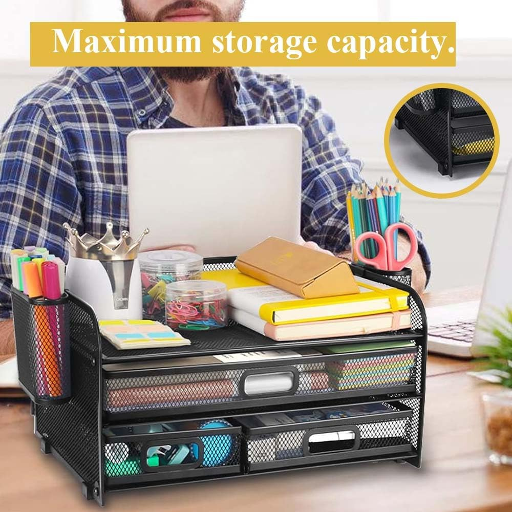 Desk Organizer,File Holder,Multi-Functional Mesh Desk Organizer,Desktop File Sorter Rack,Office Accessories,With Pencil Holders for Home,Office,School (Black)