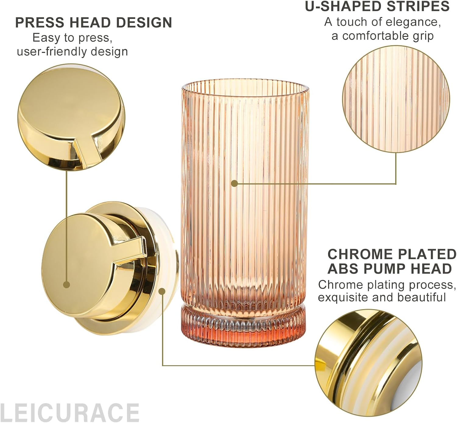 LEICURACE Glass Liquid Soap Dispenser, Refillable Liquid Dispenser with Gold Pump, Hand Soap Dispenser for Bathroom Kitchen, Modern Home Bathroom Decor （Liquid Type/Gold） A031-004-AU - Liquid Type/Clear image number 6