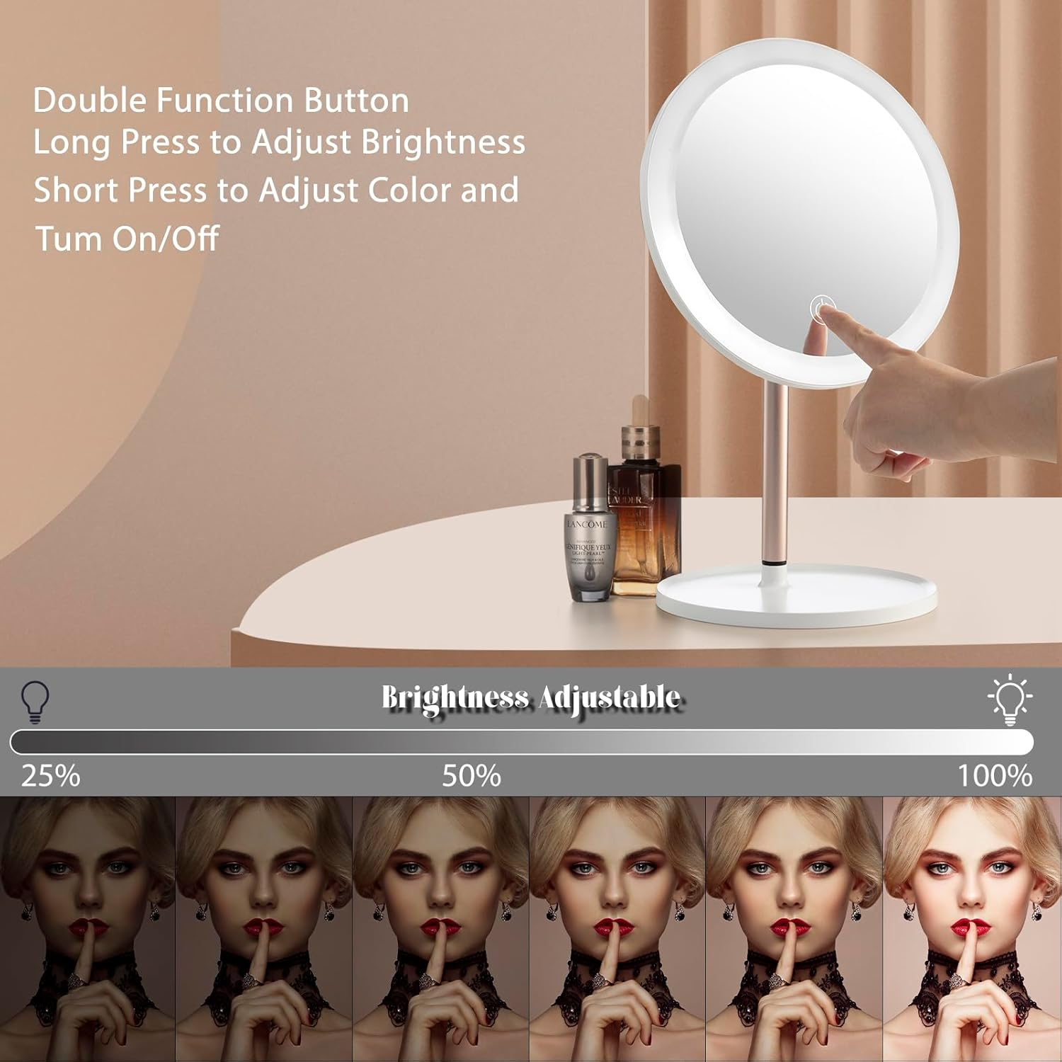 YEAKE Lighted Makeup Mirror,8.5'' Large Rechargeable Vanity Mirror with 3 Color Lights,Dimmable Touch Screen, Brightness Adjustable Desk Tabletop Mirror,Portable Table Cosmetic Mirror for Travelling image number 5