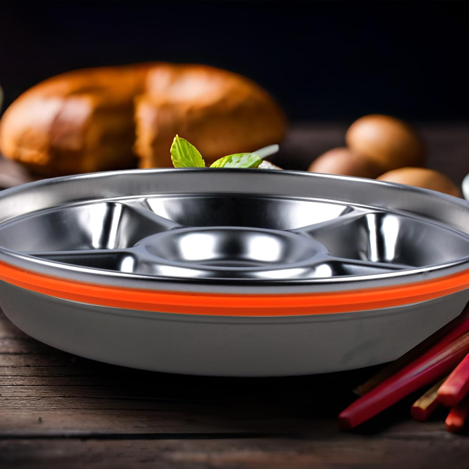 Stainless Steel 5 Compartment 10-Inch 60 Oz Covered Veggie Tray with Divider - Perfect for Parties, Picnics, and Salad - Snack Container with Dip Compartment (PP Material Cover)