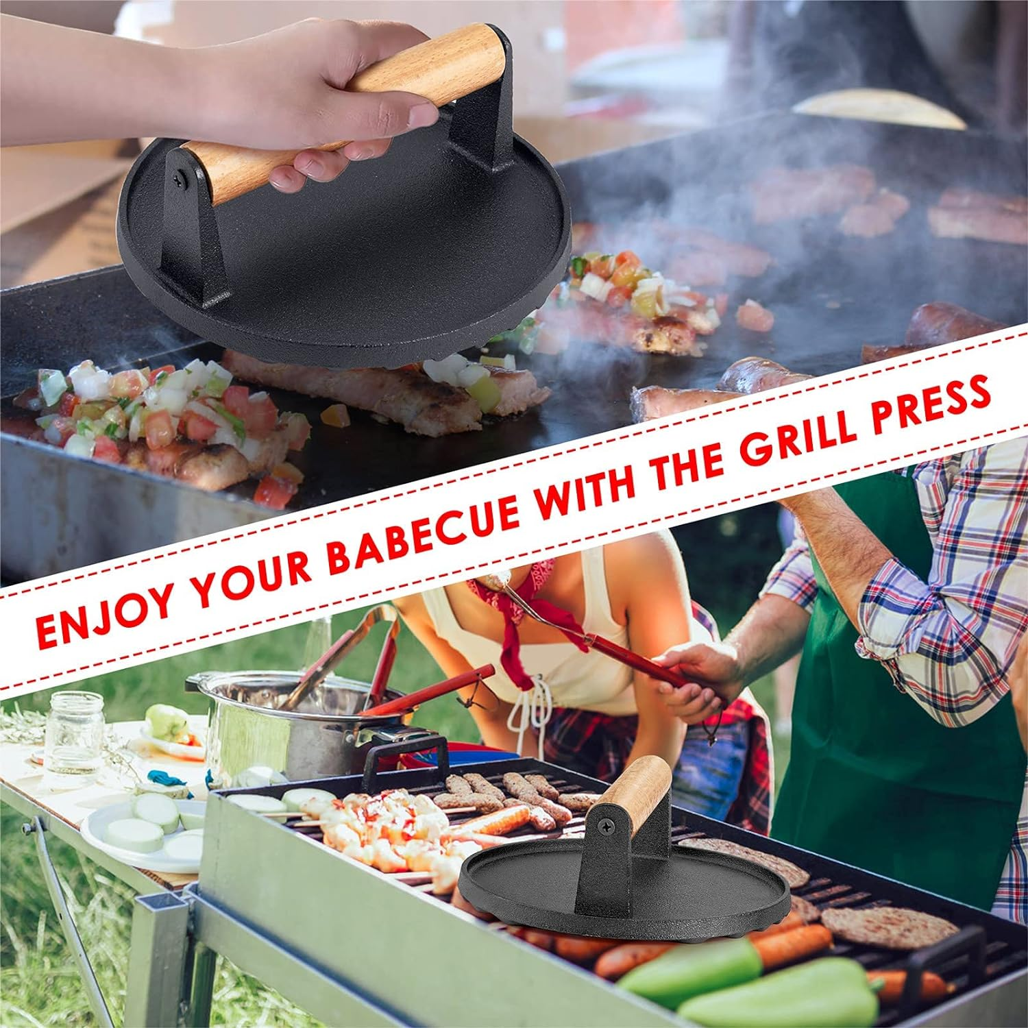 Cast Iron Grill Press Weight - with Wooden Handle - Cast Iron Press for Meat, Hamburger Patty, Smash Burger, Bacon, Steak image number 3