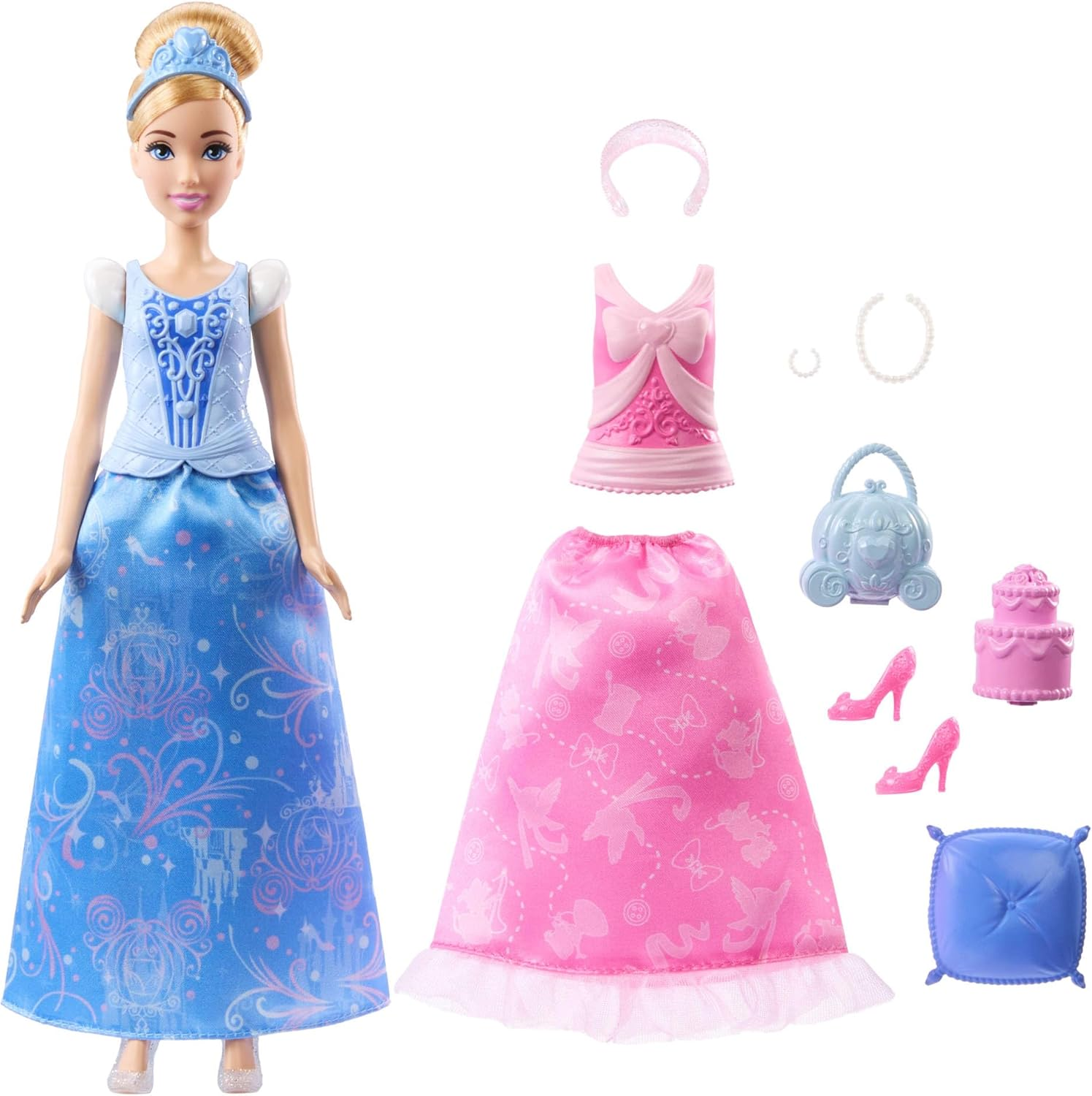 Mattel Disney Princess Toys, Cinderella Fashion Doll with 2 Looks, 9 Accessories, 2 Snap-On Bodices & 2 Skirts, 2-In-1 Stories Inspired by Disney Movie image number 2