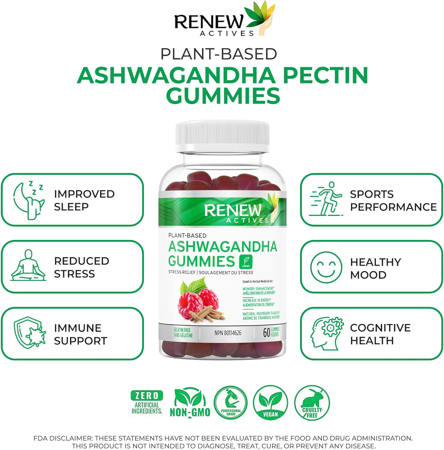 RENEW ACTIVES Ashwagandha 100MG per 4 Gummies &ndash; Memory, Focus & Energy Boost &ndash; Traditionally Used as a Rejuvenative Tonic &ndash; Vegan, Herbal Adaptogen &ndash; Made in Canada &ndash; 60 Gummies image number 6