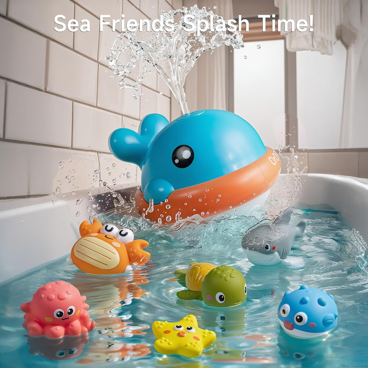OR or TU Light up Whale Sprinkler Bath Toys for Baby Toddler, Mold Free No Hole Animal Bathtub Toys Set Water Toy for Kids 18M+ image number 2