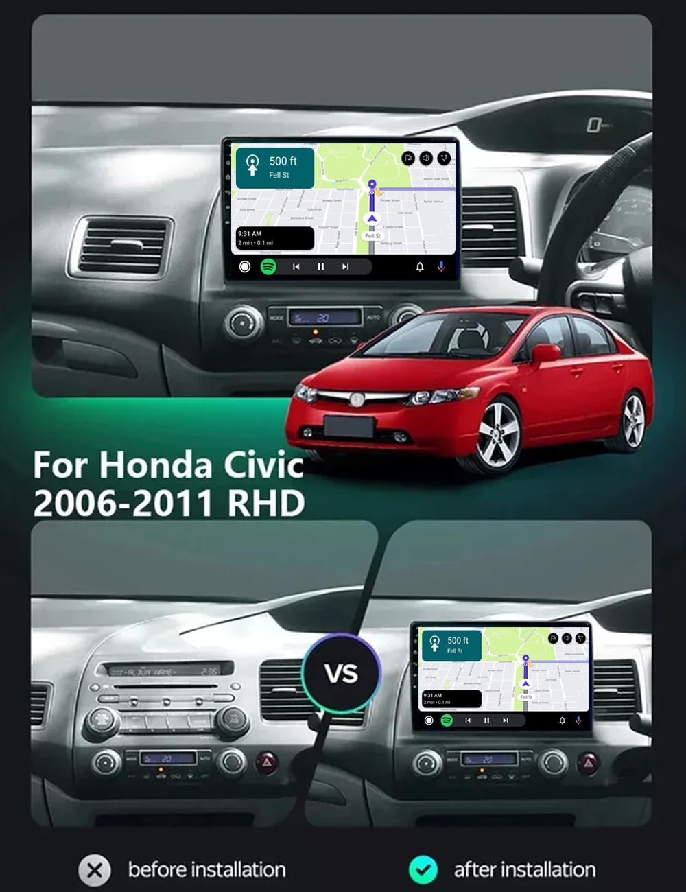 Car Stereo Radio for Honda Civic RHD 2006-2011 - 10.1 Inch Wireless Carplay&Android Auto GPS Wifi Bluetooth FM Backup Camera SWC (Fit for Bose System), 2+32Gb,Android 14 image number 1