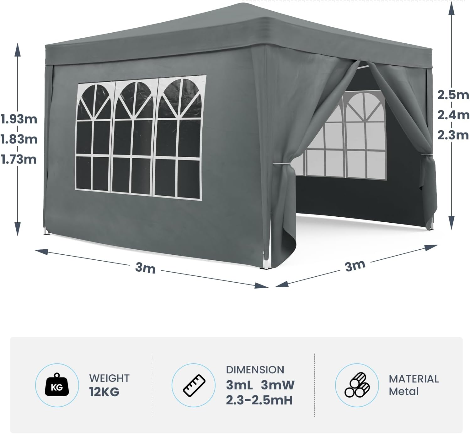 3X3M Gazebo Canopy Tent Marquee Pop up Gazebo Outdoor Wedding Patio Party Tent Folding Sun Shelter with Detachable Sidewalls Grey image number 6