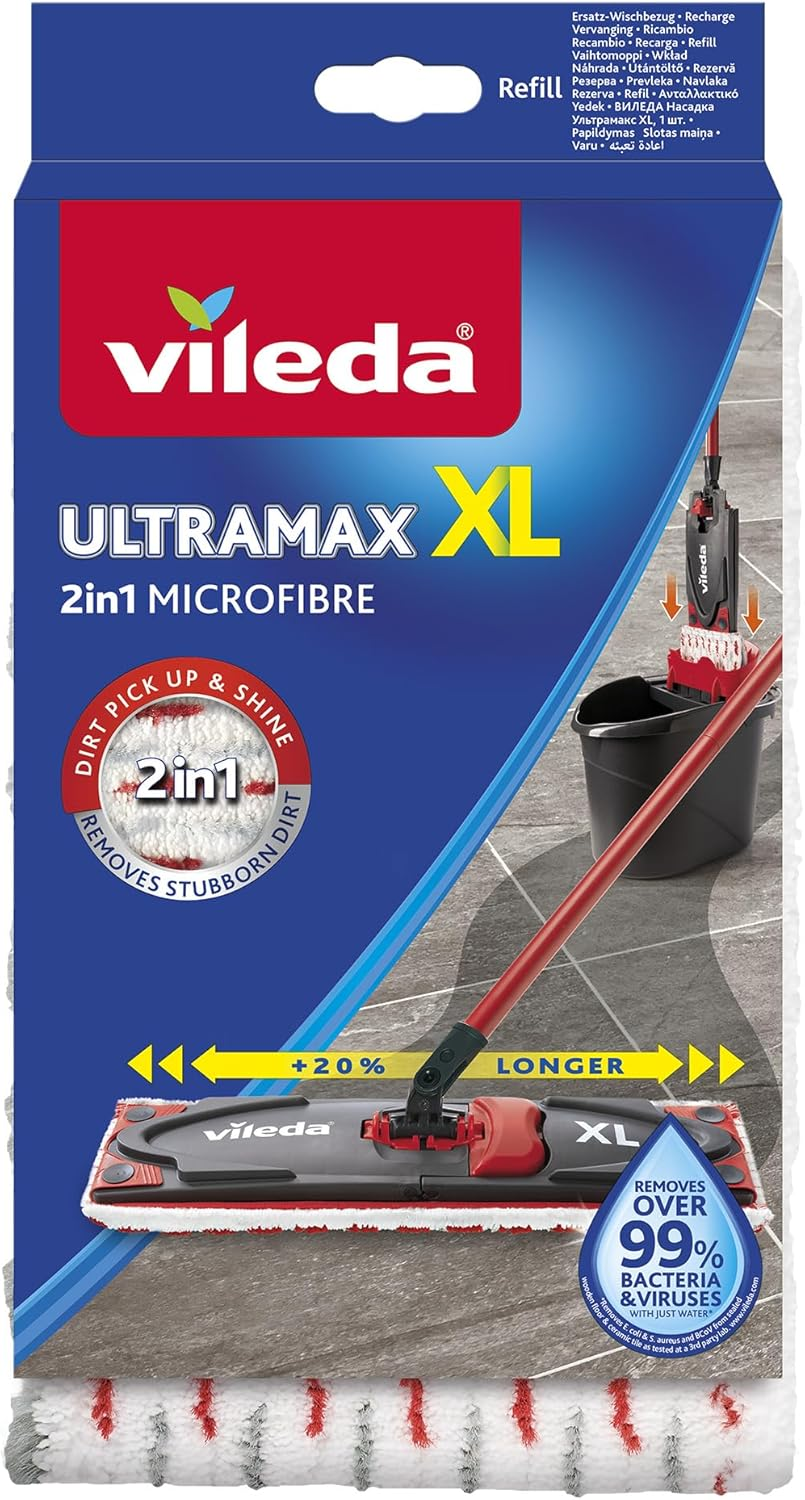 Vileda Ultramax XL Mop Refill | Pack of 1| Wide Floor Coverage &ndash; Quick Cleaning | for All Hard Floor Surfaces | Removal of over 99% of Bacteria with Just Water* | 2In1 Microfibre image number 2