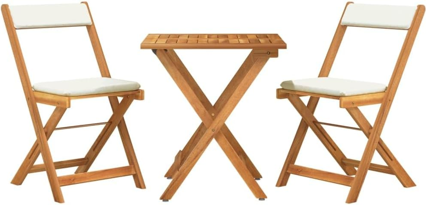 Vidaxl Retro Style 3 Piece Folding Bistro Set - Solid Wood Acacia with Cushions - Brown and Cream Colour