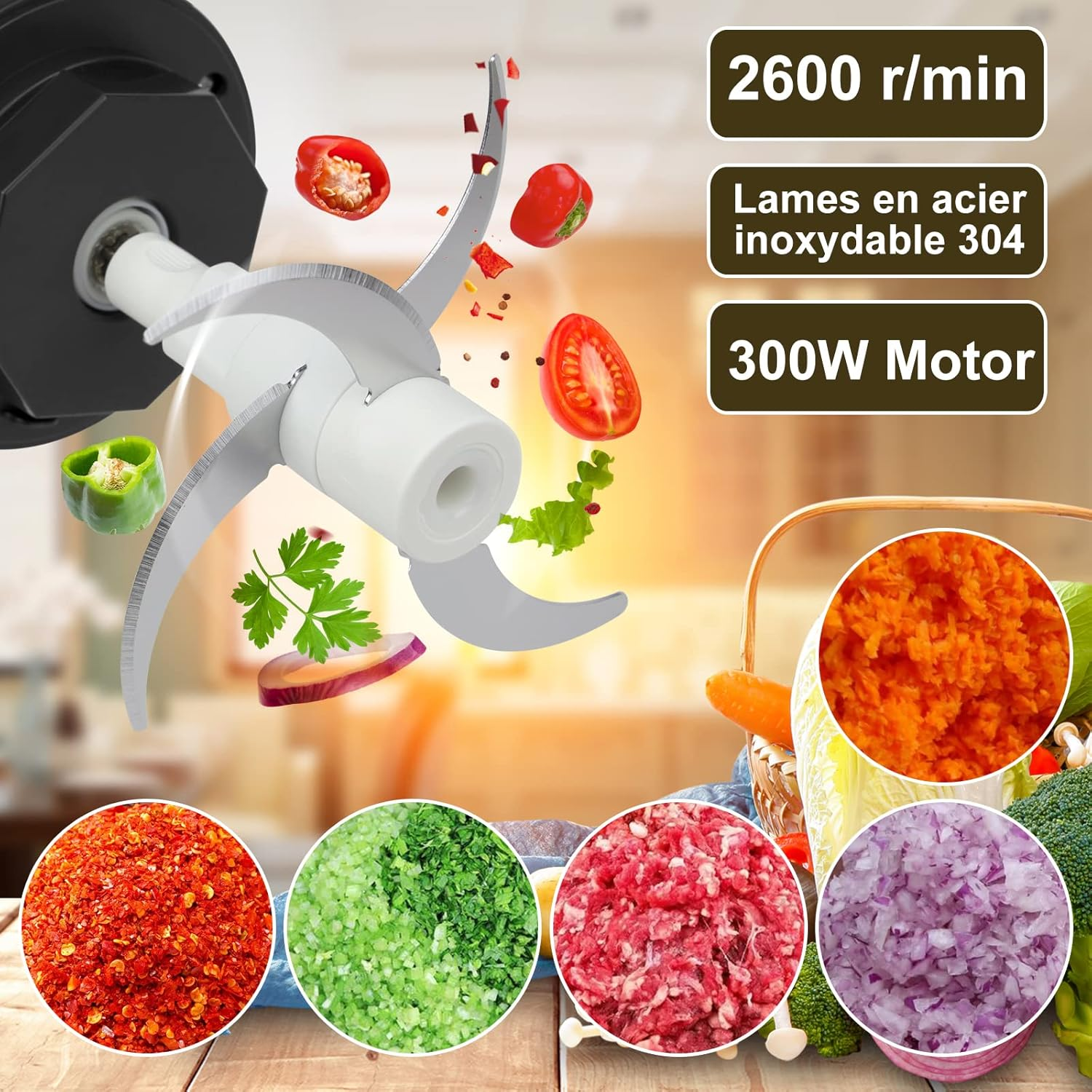 Bear 2L Food Processors 300W Electric Vegetable Chopper Glass Container with 4-304 Stainless Steel Knife for Meat, Smoothie, Onions, Fruit, Vegetables image number 6