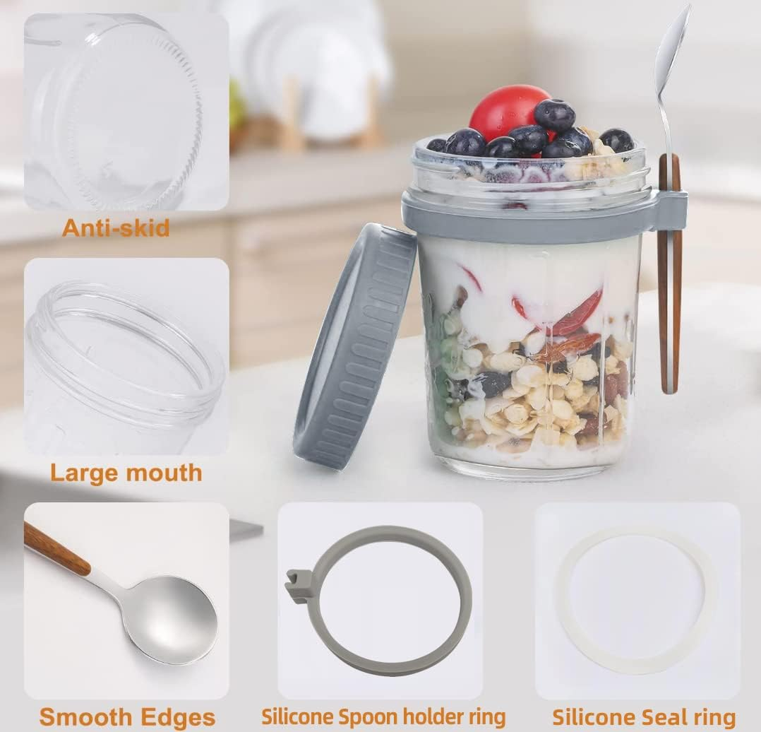 Kitment 6Pack Overnight Oats Container Jars, Oatmeal Containers with Lid and Spoon, 10Oz/350Ml Glass Mason Airtight Jars with Measurement Marks for Cereal, Yogurt, Milk, Vegetable, Fruit, Salad (Gray) image number 4