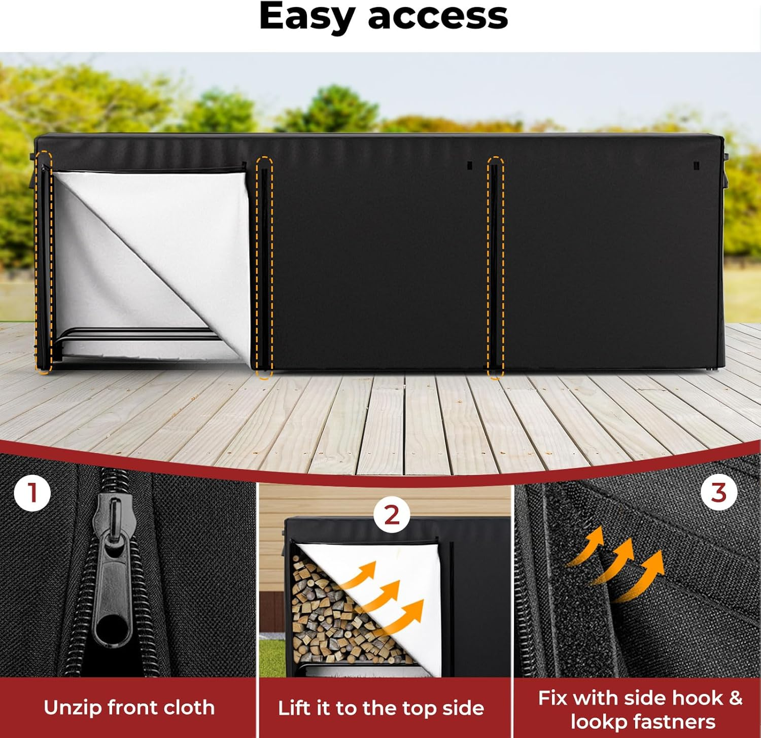 Moyasu 11.8 FT Firewood Rack with Waterproof Cover, Heavy Duty Wood Rack for Indoor Outdoor, Fire Wood Storage Rack with Side Pocket, Log Racks for Firewood,Wood Pile Stacker Firewood Holder, Black image number 4