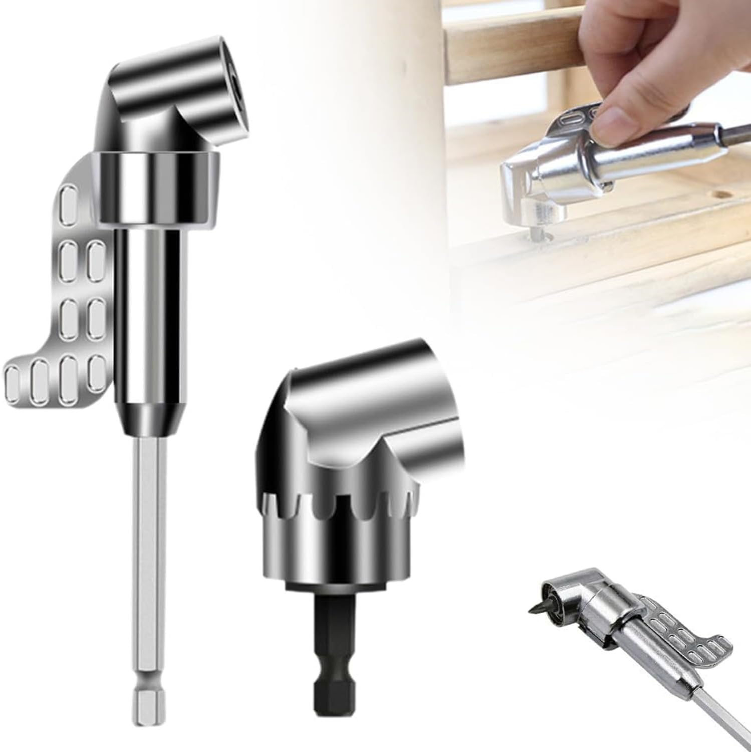 1Set 105 Degree Right Angle Drill Adapter,Corner Tool Screw Hub with Multi-Function Bend Screwdriver Bit, 1/4" Hex Shank Driver Angle Drill Attachment for Screwdriver Drill, 360&deg; Rotatable (Silver) image number 1