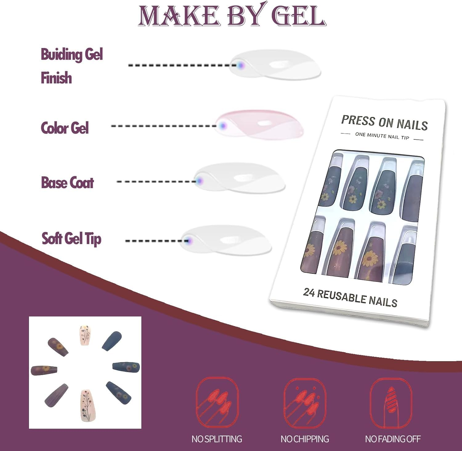 LYMCY Press on Nails French,Vintage Frosted Flower Stripe False Nails, Artificial Nails for Women and Girls -24 Pcs image number 1