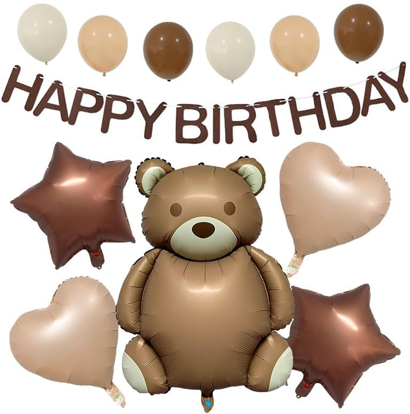 Birthday Party Decoration Set, Teddy Bear Balloon with Happy Birthday Banner, Brown and Gold Theme, 12 Pieces