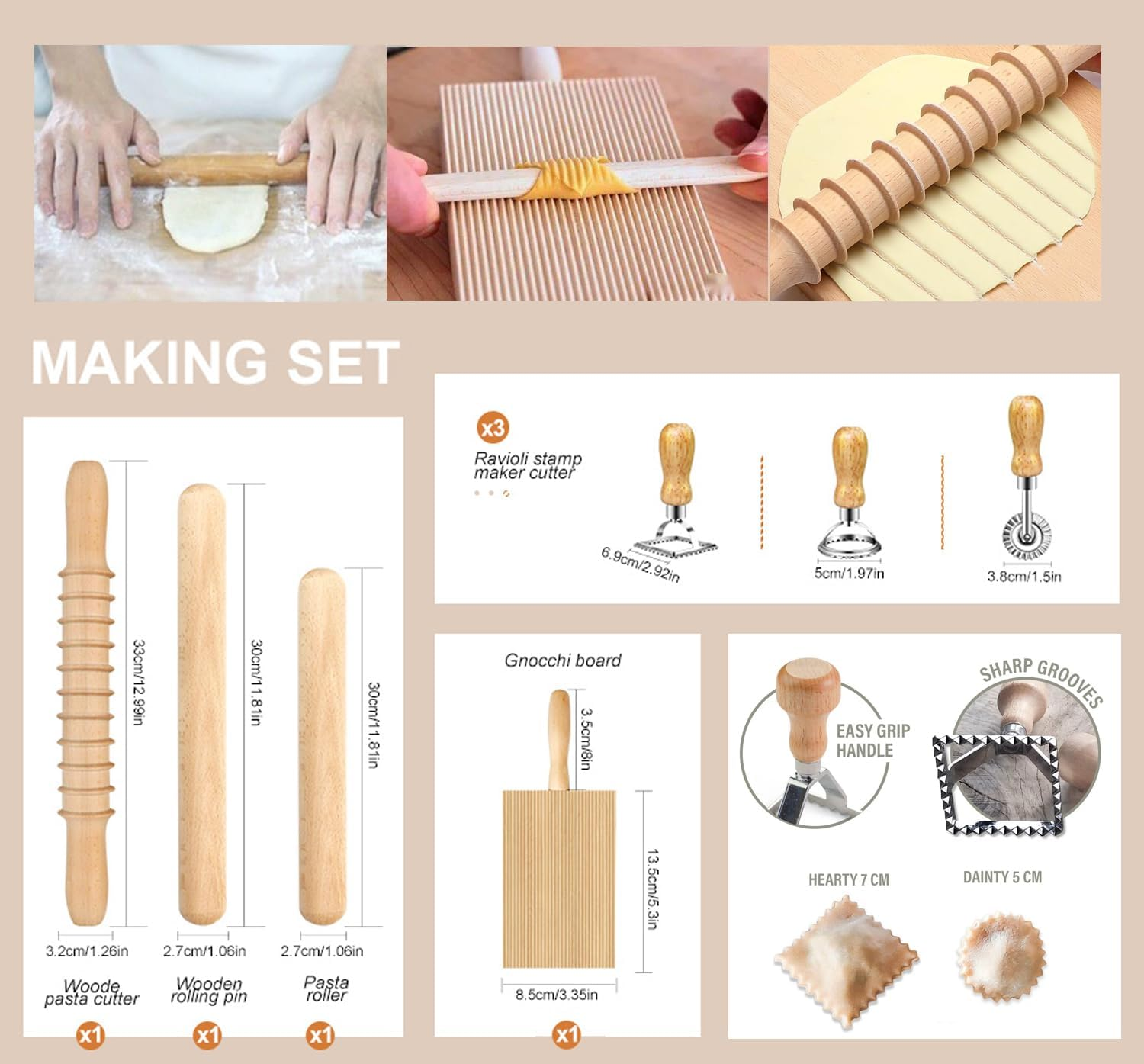 8-Piece Pasta Making Tools Set | Wooden Gnocchi Board, Pasta Cutter, Rolling Pin, Ravioli Stamps | Pasta Maker Accessories| Pizza Rolling Pin & Ravioli Press | Gnocchi Board Wood | Pasta Shape Maker
