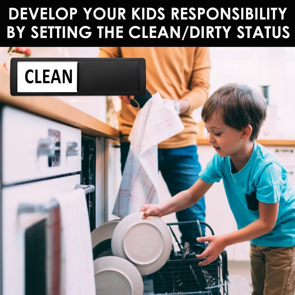 Dishwasher Magnet Clean Dirty Sign, Clean Dirty Sign Accessories for Dishwasher Non-Scratch/Super Strong Soft Magnet with Optional Adhesives/Easy to Read & Slide (Black& White) - Black  Green image number 5