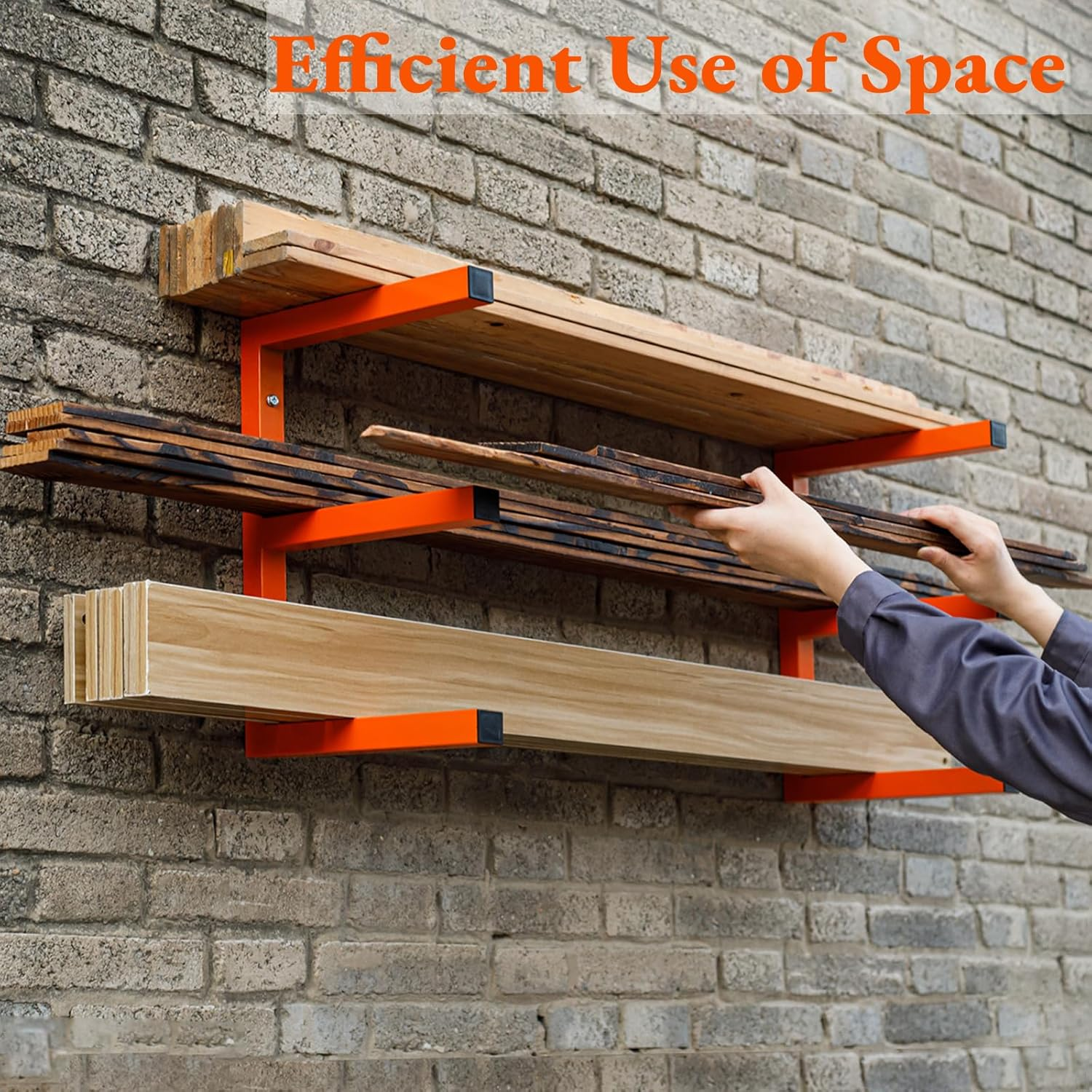 MOOMSINE Lumber Storage Rack Wall Mount, Heavy Duty Metal Wood Organizer with 3-Level Each Shelf Holds up 200 Lbs, Indoor & Outdoor Use