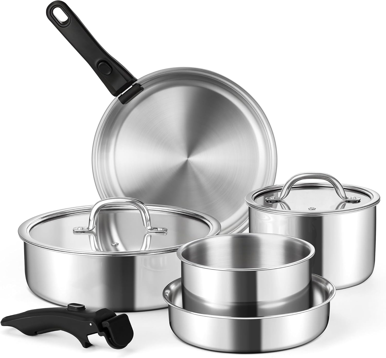 E-Far 9Pcs Pots and Pans Set, Stainless Steel Cookware Set with Detachable Handle, All-Clad 3-Ply Kitchen Cookware Sets with Removable Handle, Induction Cooking Set for RV Camping, Oven Safe image number 4