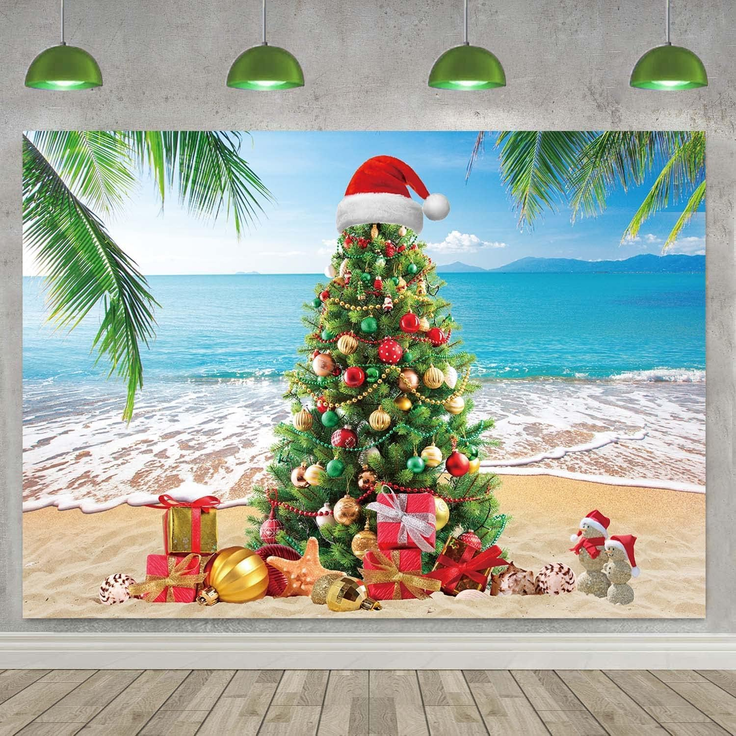 Summer Christmas Tree Backdrop Tropical Beach Xmas in July Photography Background Palm Leaves Blue Sky Ocean Christmas Family Holiday Party Photo Backdrop (10X8Ft(120X96 Inch)) image number 3