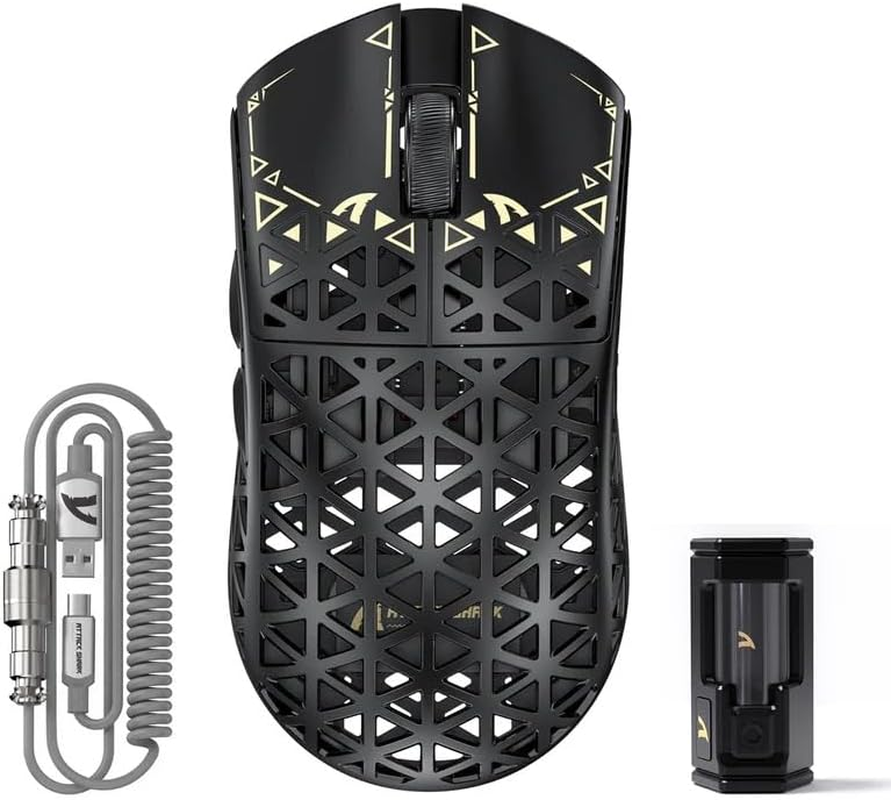 ATTACK SHARK R5 Ultra Wireless Gaming Mouse,39G Superlight Carbon Fiber Hollowed-Out,Paw3950Max Optical Sensor Nordic 52840 MCU 8K Polling 42K Dpi,Tri-Mode Programmable Mice with Coiled Cable-Black