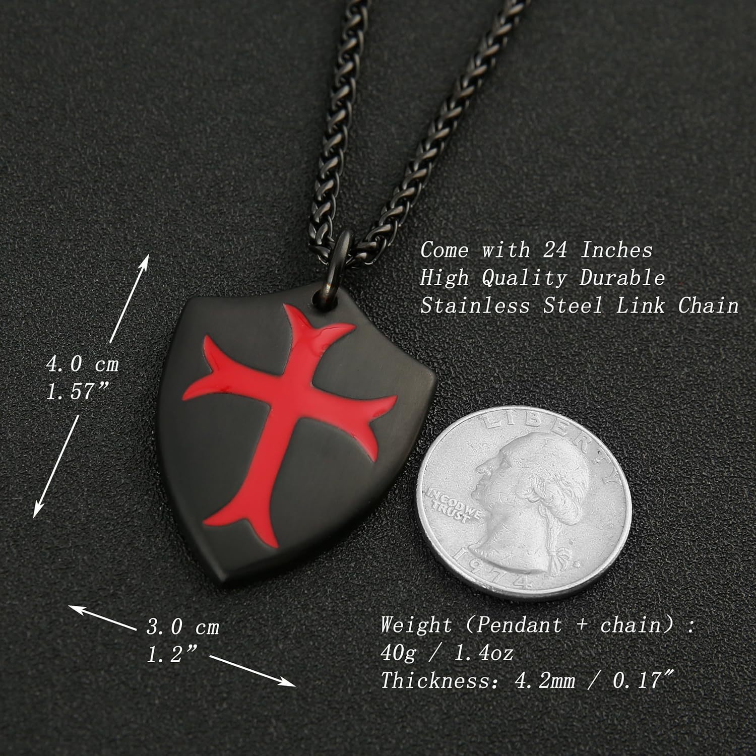 HZMAN Stainless Steel Knights Templar Cross Necklace Joshua 1:9 Shield Pendant with 22+2Inches Chain image number 4
