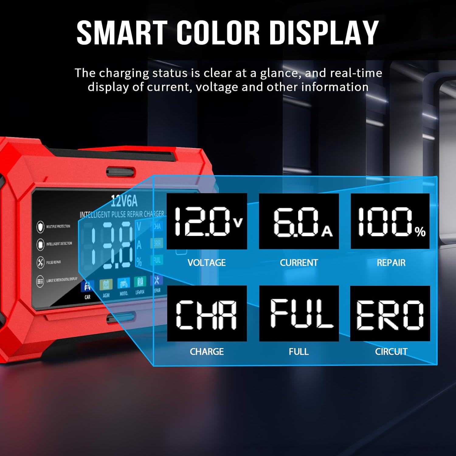 6A/12V Car Charger, 6A Multi Protections Motorcycle Battery Charger, Intelligent LCD Screen Fully Automatic Battery Charger for Motorcycles, Boats, Cars, Agm/Lithium Battery