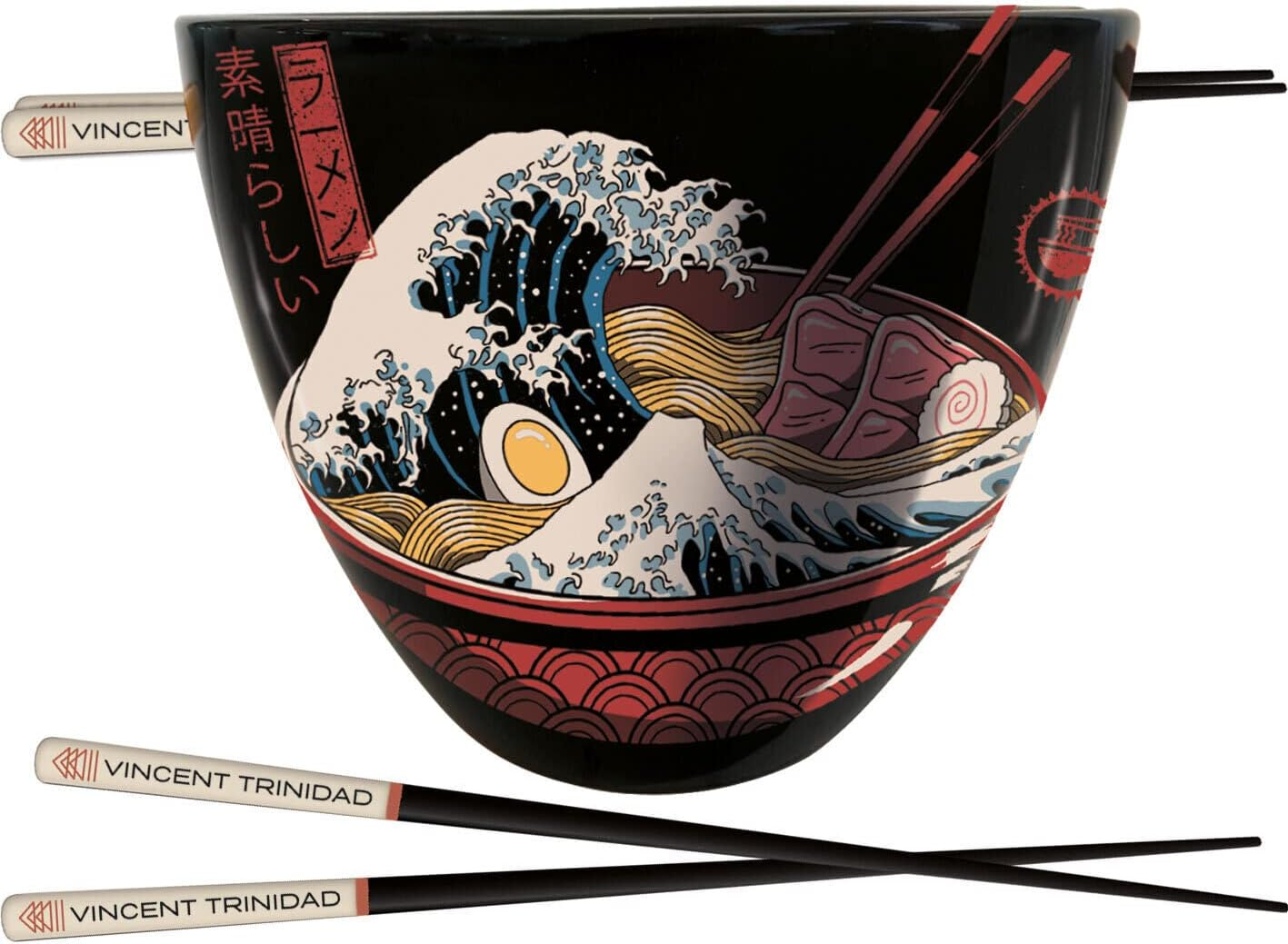 Vincent Trinidad Ramen Set with Bowl and Chopsticks (Great Wave Design) 18Oz Ceramic Bowl, Pair of Lacquered Wooden Chopsticks - Official Merchandise
